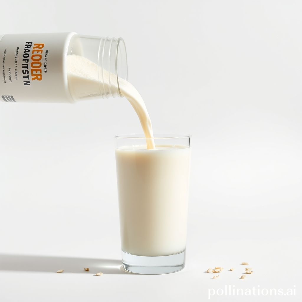 nutrient-fortified-white-protein-powder-being-poured-into-a-clear-glass-of-creamy-oat-milk-minimal
